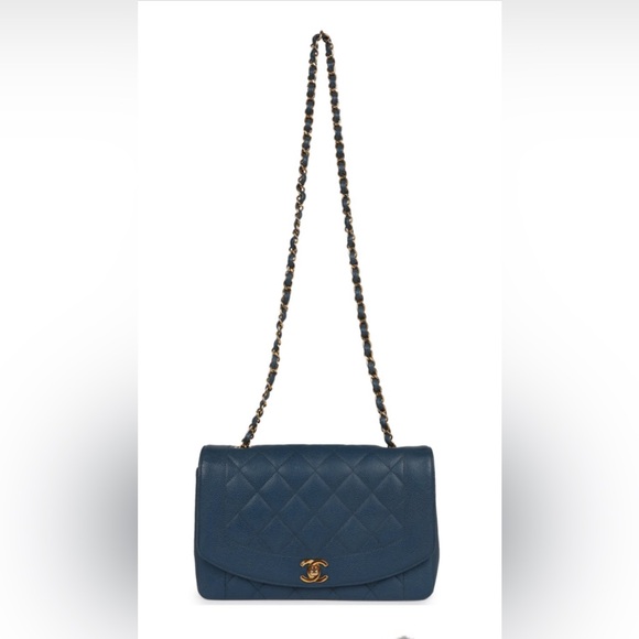 CHANEL Vintage Diana Flap Bag Blue Caviar Gold Hardware Leather Crossbody - Picture 7 of 10